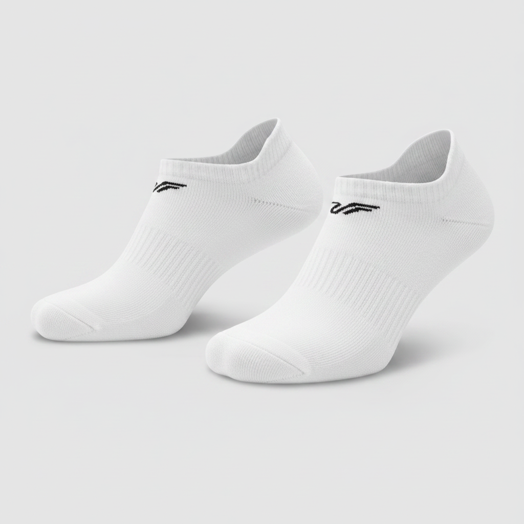 UltraFit White No-Show Socks — Dual Logo Mockup