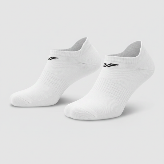 UltraFit White No-Show Socks — Dual Logo Mockup